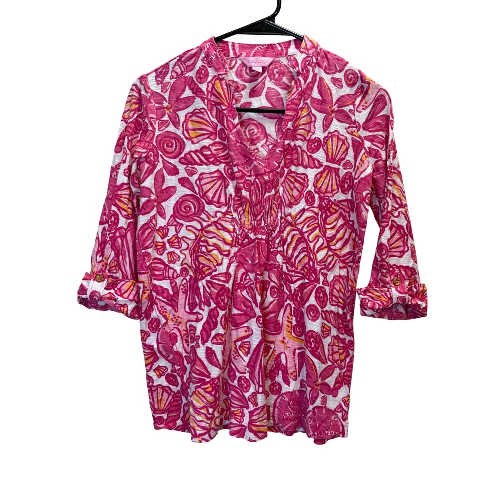 Lilly Pulitzer Top Womens XS Pink Shells Starfish Coastal Tunic Beachy Resort